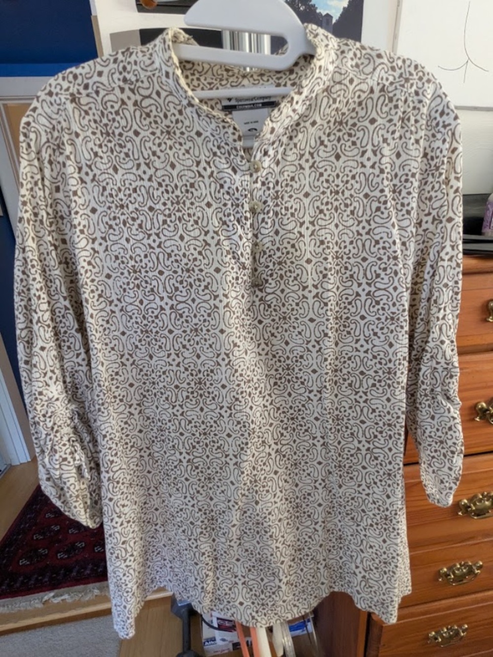 Vintage Columbia White & Tan Tile Print Crinkle Cotton Blouse, 1x